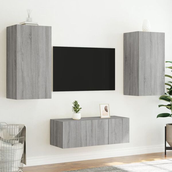 vidaXL Mobili TV a Muro con LED 4pz Grigio Sonoma in Legno Multistrato