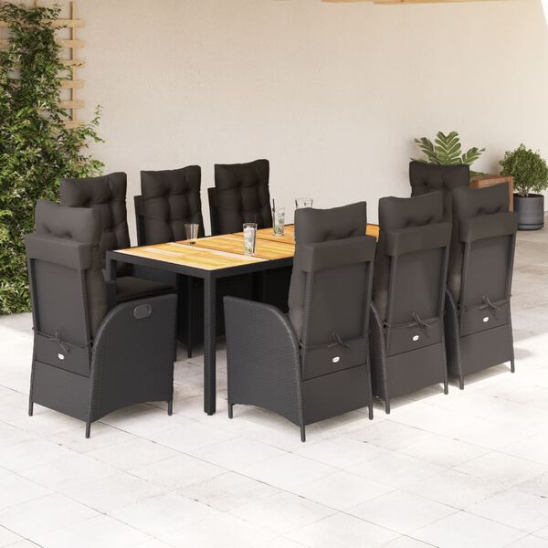 vidaXL Set da Pranzo da Giardino 9 pz con Cuscini Nero in Polyrattan