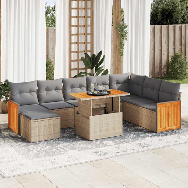 vidaXL Set Divano da Giardino 9 pz con Cuscini Beige Polyrattan Acacia