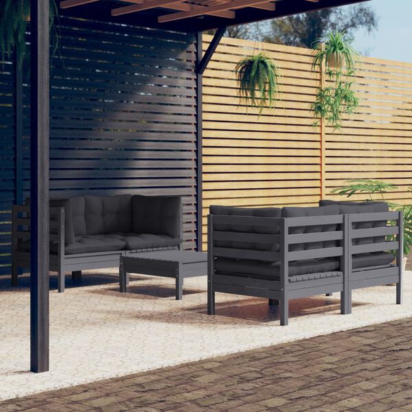 vidaXL Set Divani da Giardino 5 pz con Cuscini Antracite Legno di Pino