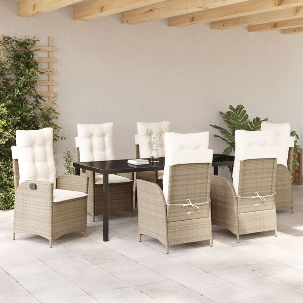 vidaXL Set da Pranzo per Giardino con cuscino 7 pcs Beige polyrattan