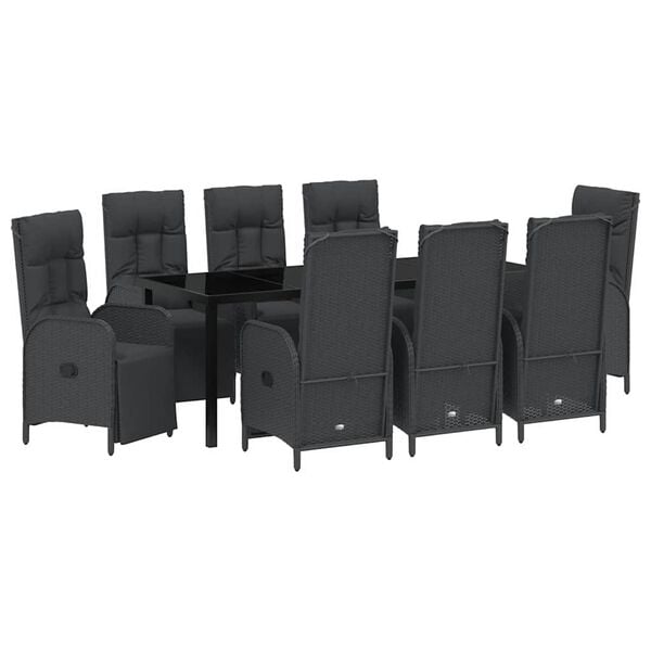 vidaXL Set da Pranzo per Giardino con cuscino 9 pcs Nero polyrattan