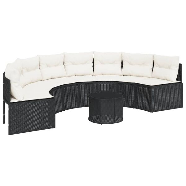 vidaXL Divano Giardino Tavolo e Cuscini Semicircolare Nero Polyrattan