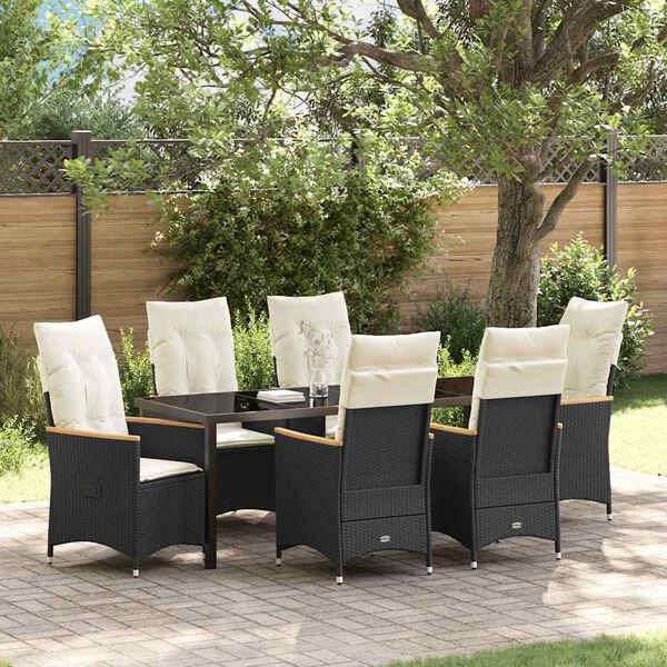 vidaXL Set da Pranzo per Giardino con cuscino 7 pcs Nero polyrattan