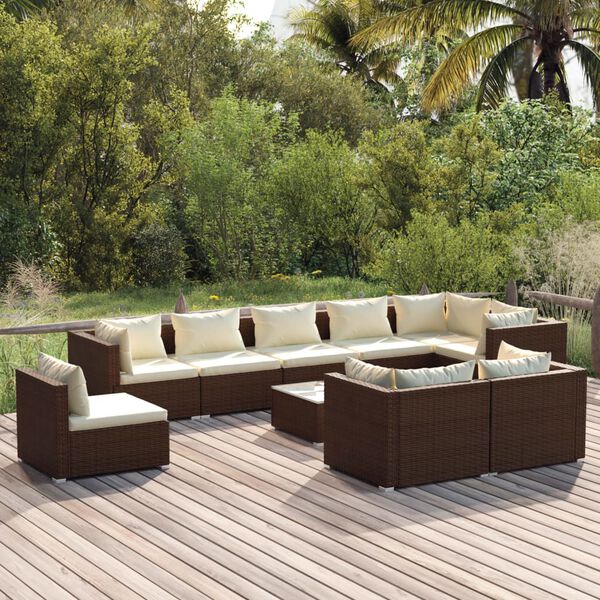 vidaXL Set Divani da Giardino 10 pz con Cuscini in Polyrattan Marrone