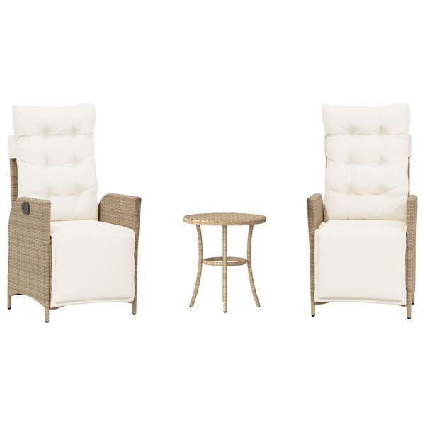 vidaXL Set da Bistr&ograve; 3 pz con Cuscini Beige in Polyrattan