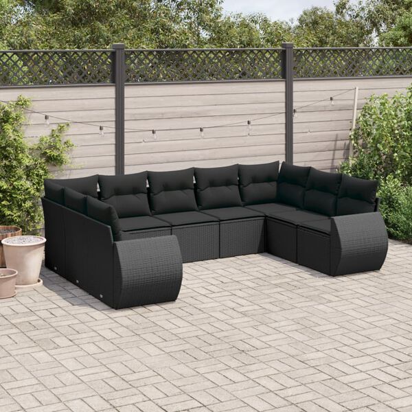 vidaXL Set Divani da Giardino 9 pz con Cuscini Nero in Polyrattan