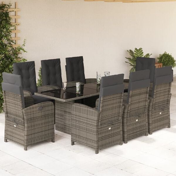 vidaXL Set da Pranzo da Giardino 9 pz con Cuscini in Polyrattan Grigio