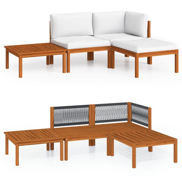vidaXL Set da giardino 4 pezzi con cuscini in legno crema, acacia e corda