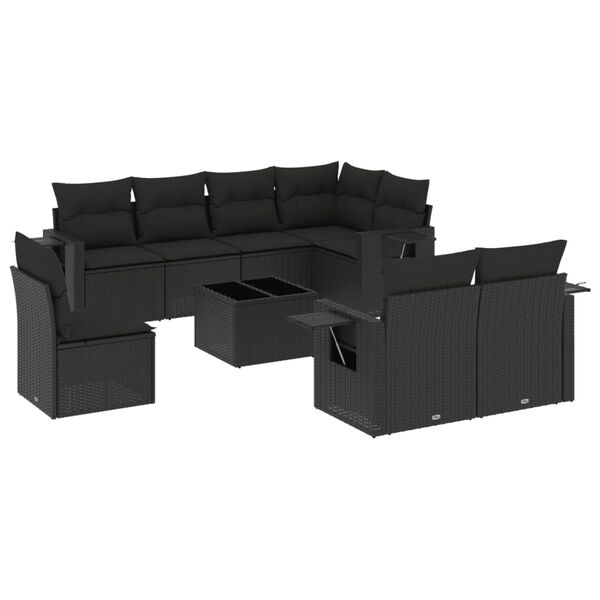 vidaXL Set Divani da Giardino 9 pz con Cuscini Nero in Polyrattan