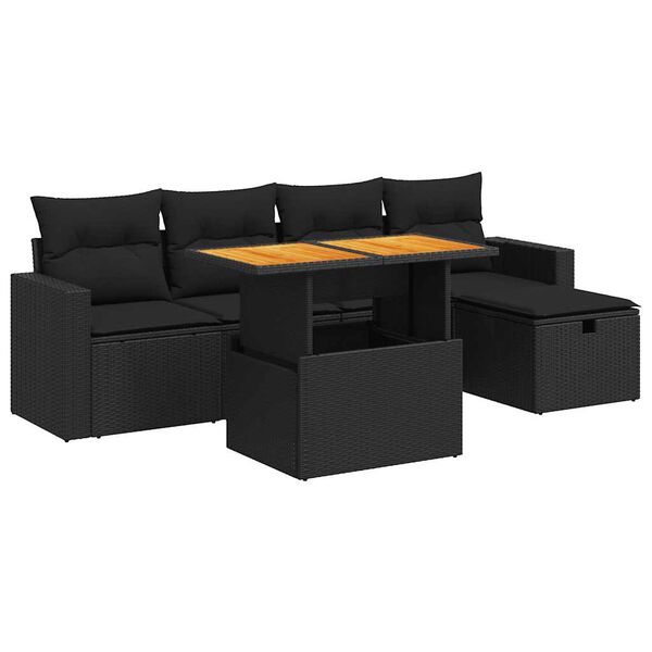 vidaXL Set Divano da Giardino 6 pz con Cuscini Nero Polyrattan Acacia
