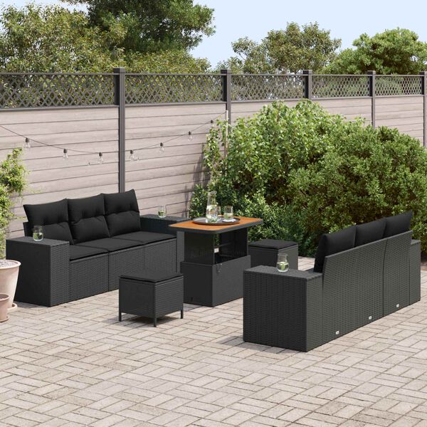 vidaXL Set Divano da Giardino con cuscino 9 pcs Nero Poly Rattan