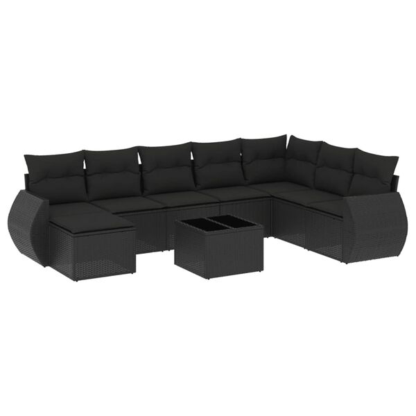 vidaXL Set Divani da Giardino 9 pz con Cuscini Nero in Polyrattan