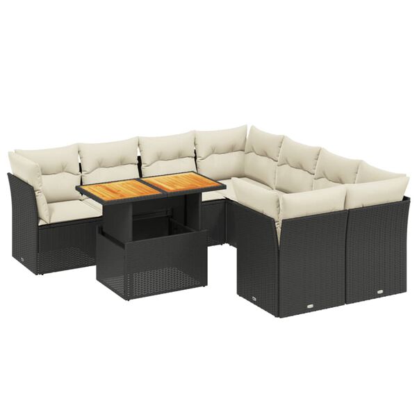 vidaXL Set Divani da Giardino 9 pz con Cuscini Nero in Polyrattan