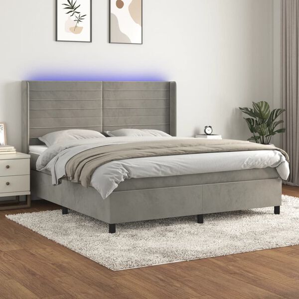 vidaXL Letto a Molle Materasso e LED Grigio Chiaro 160x200 cm Velluto