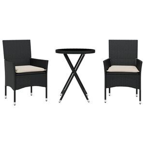 vidaXL Set da Bistr&ograve; 3 pz con Cuscini Nero Polyrattan e Vetro