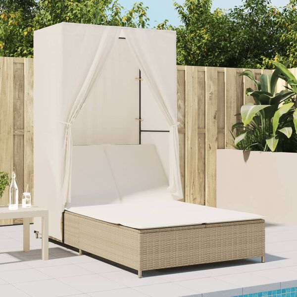 vidaXL Lettino Prendisole con Tetto e Tende Beige in Polyrattan