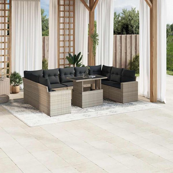 vidaXL Set Divano Giardino 10 pz con Cuscini Grigio Chiaro Polyrattan