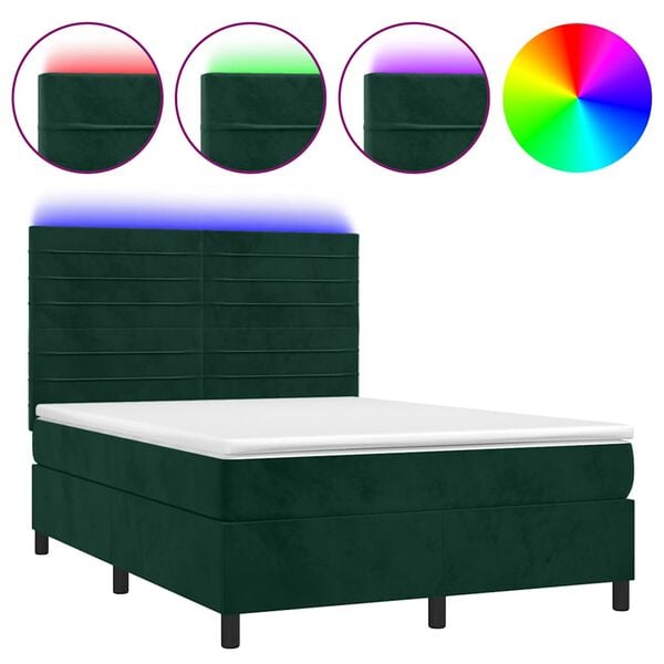 vidaXL Letto a Molle con Materasso e LED Verde Scuro 140x200cm Velluto