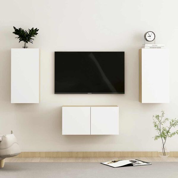 vidaXL Set Mobili TV 3 pz Bianco e Rovere Sonoma in Legno Multistrato