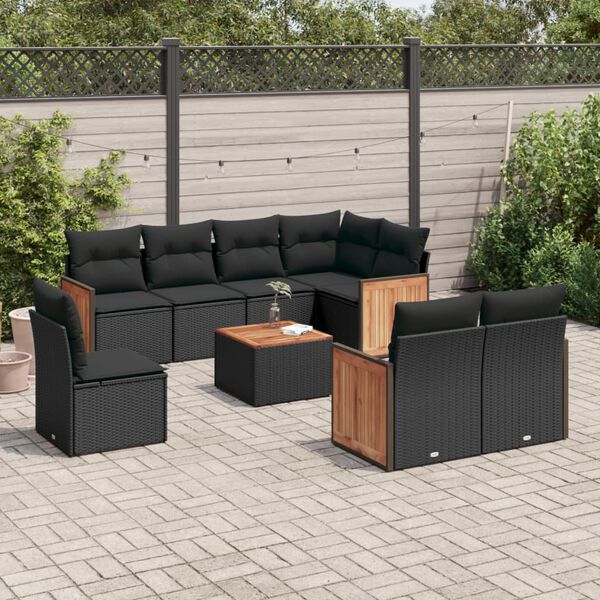vidaXL Set Divani da Giardino 9 pz con Cuscini Nero in Polyrattan