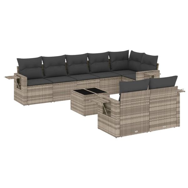 vidaXL Set Divano da Giardino 9pz con Cuscini Grigio Chiaro Polyrattan