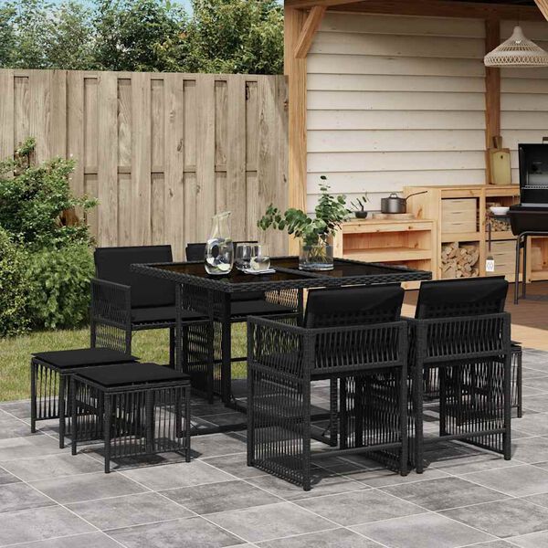 vidaXL Set da Pranzo da Giardino 9 pz con Cuscini Nero in Polyrattan