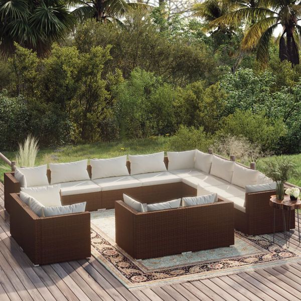 vidaXL Set Divani da Giardino 12 pz con Cuscini in Polyrattan Marrone
