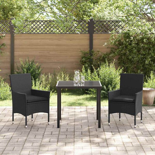vidaXL Set da Pranzo per Giardino con cuscino 3 pcs Nero polyrattan