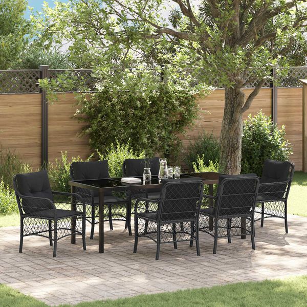 vidaXL Set da Pranzo per Giardino con cuscino 7 pcs Nero polyrattan