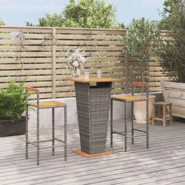 vidaXL Set Bar Giardino 3pz Grigio Polyrattan e Legno Massello Acacia
