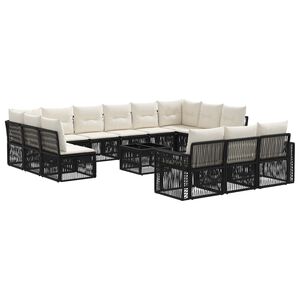 vidaXL Set Divano da Giardino 14 pcs Nero e Bianco Crema polyrattan