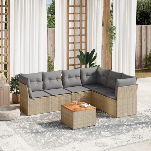 vidaXL Set Divani da Giardino 7 pz con Cuscini Beige in Polyrattan