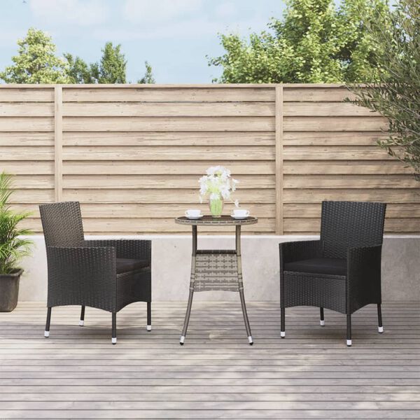 vidaXL Set Bistr&ograve; da Giardino 3 pz con Cuscini in Polyrattan Nero