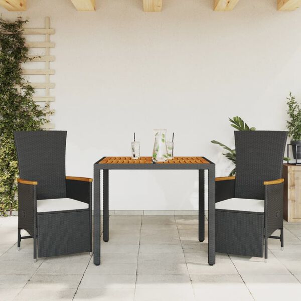 vidaXL Set da Pranzo da Giardino 3 pz con Cuscini Nero in Polyrattan