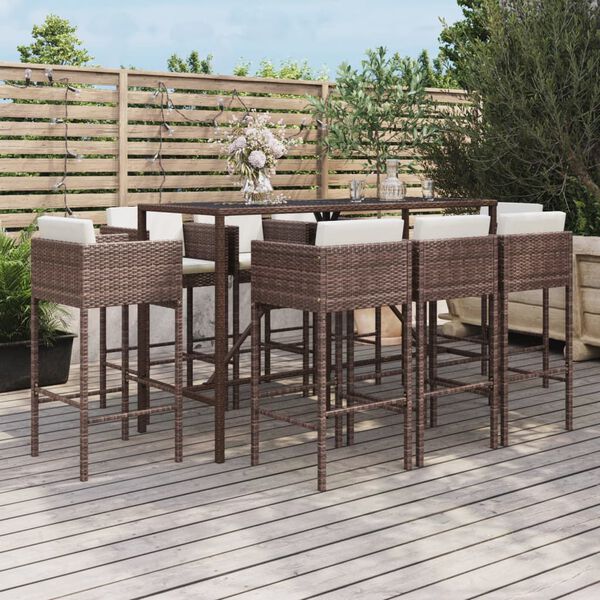 vidaXL Set Bar da Giardino 9 pz con Cuscini in Polyrattan Marrone