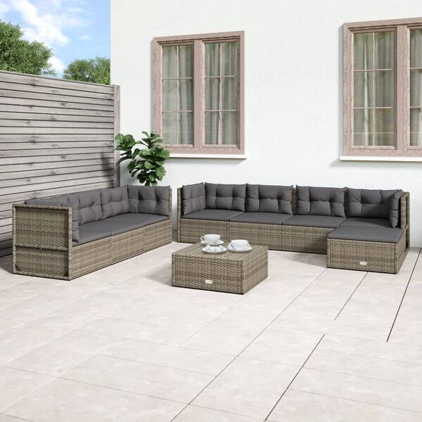vidaXL Set Divani da Giardino 8 pz con Cuscini in Polyrattan Grigio