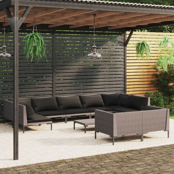 vidaXL Divani da Giardino 10 pz con Cuscini in Polyrattan Grigio Scuro