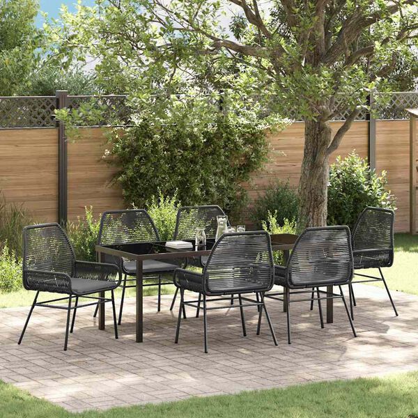 vidaXL Set da Pranzo per Giardino con cuscino 7 pcs Nero polyrattan