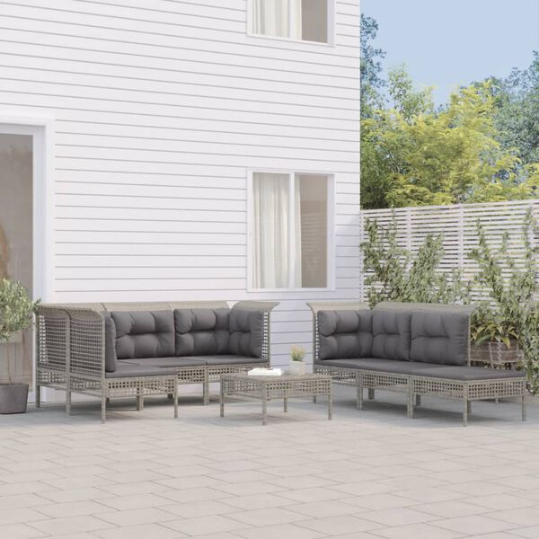vidaXL Set Divani da Giardino 10 pz con Cuscini in Polyrattan Grigio