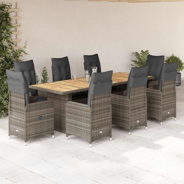 vidaXL Set Bistrò da Giardino 9 pz con Cuscini in Polyrattan Grigio