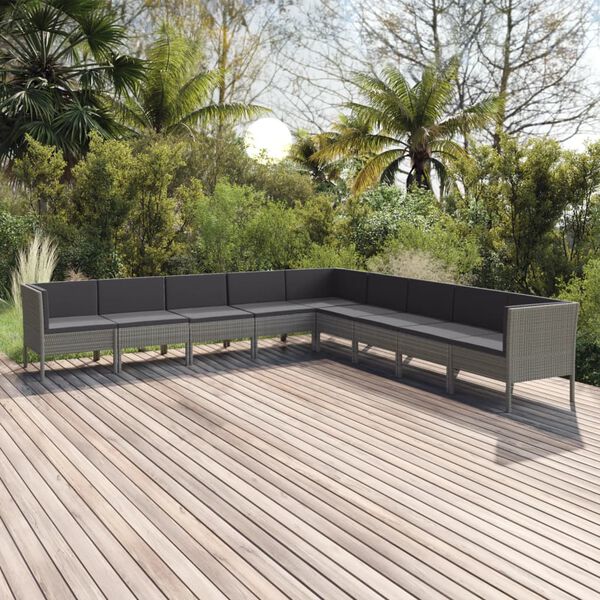 vidaXL Set Divani da Giardino 9 pz con Cuscini in Polyrattan Grigio