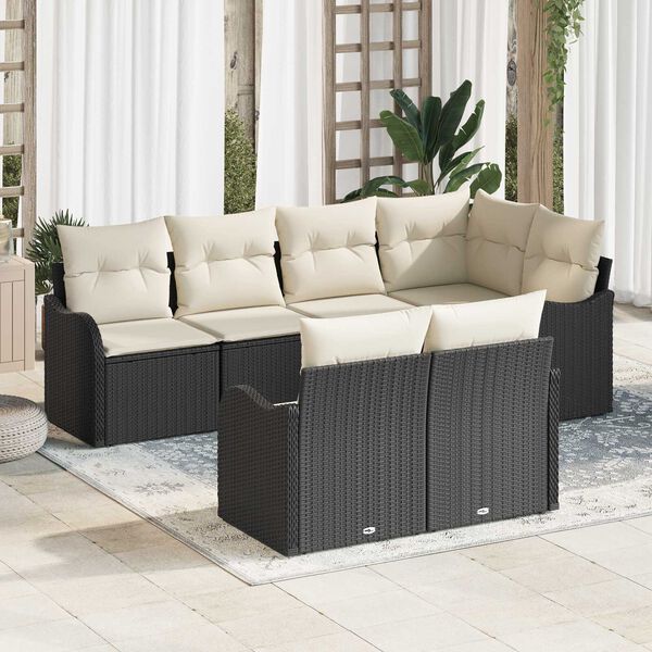 vidaXL Set Divano da Giardino con cuscino 7 pcs Nero Poly Rattan
