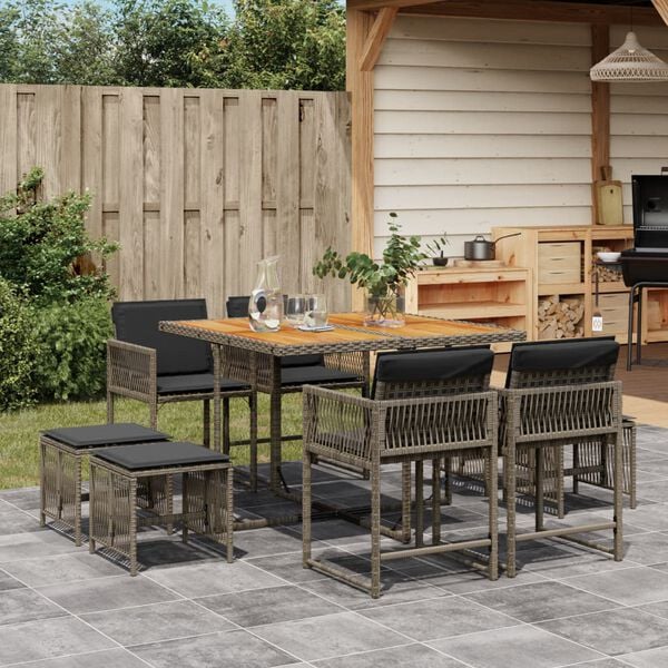 vidaXL Set da Pranzo da Giardino 9 pz con Cuscini in Polyrattan Grigio