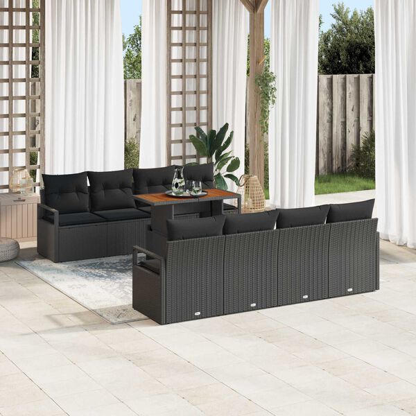 vidaXL Set Divano da Giardino con archiviazione 9 pcs Nero Poly Rattan