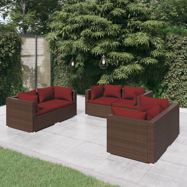 vidaXL Set Divani da Giardino 6 pz con Cuscini in Polyrattan Marrone