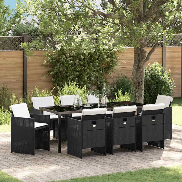 vidaXL Set da Pranzo per Giardino con cuscino 9 pcs Nero polyrattan