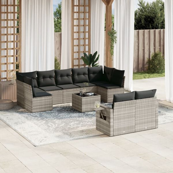 vidaXL Set Divano Giardino 10 pz con Cuscini Grigio Chiaro Polyrattan