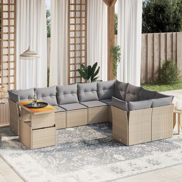 vidaXL Set Divano da Giardino 10 pz con Cuscini Beige in Polyrattan
