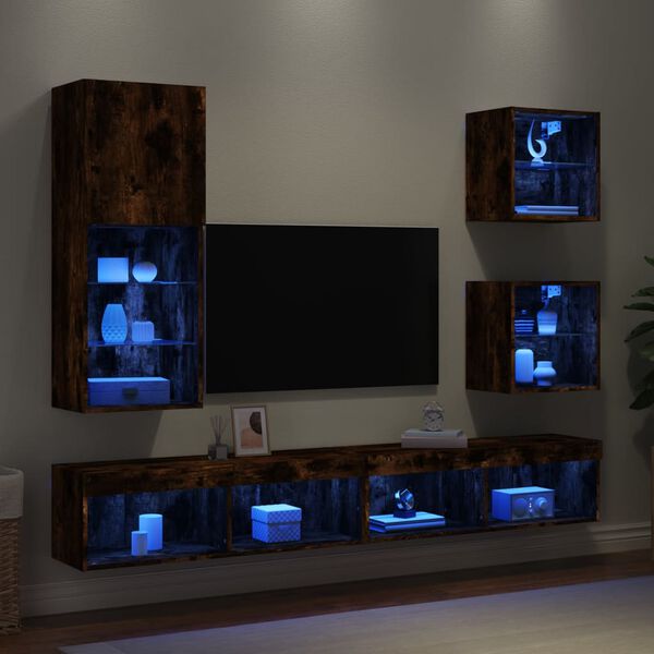 vidaXL Mobili TV a Muro con LED 5pz Rovere Fumo in Legno Multistrato